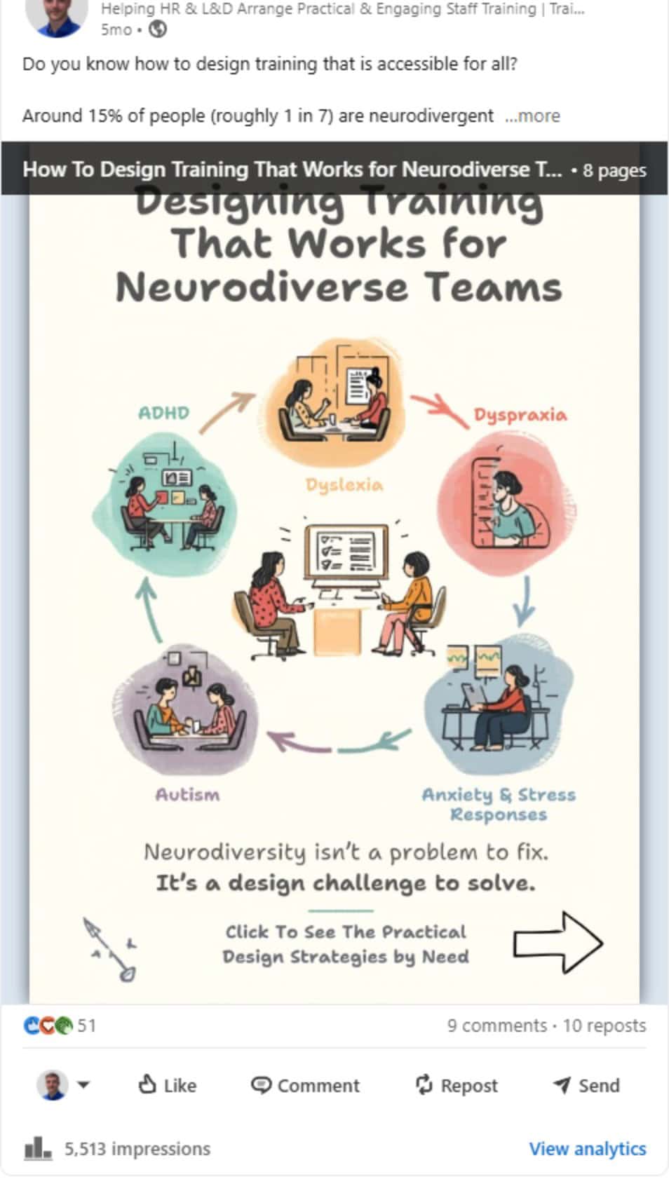 LinkedIn post by Lewis Tiley: Designing training that works for neurodiverse teams