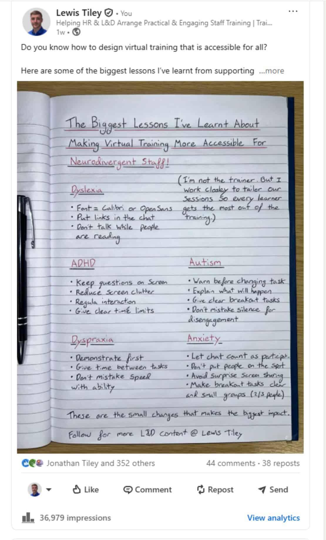LinkedIn post by Lewis Tiley: Making virtual training more accessible for neurodivergent staff